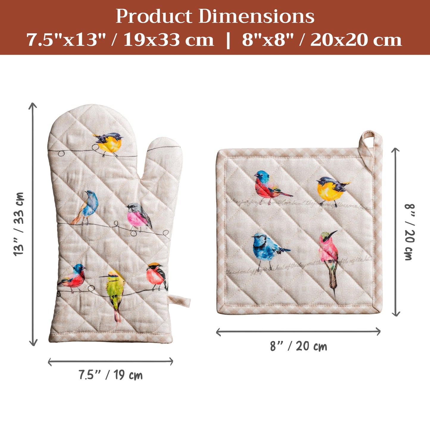 Maison d' Hermine 100% Cotton Oven Mitt & Pot Holder Set (7.5"x13" & 8"x8") Heat Resistant Cooking Gloves with Loop Baking Grilling Kitchen Gifts for Mothers Day Spring/Summer (Birdies on Wire)