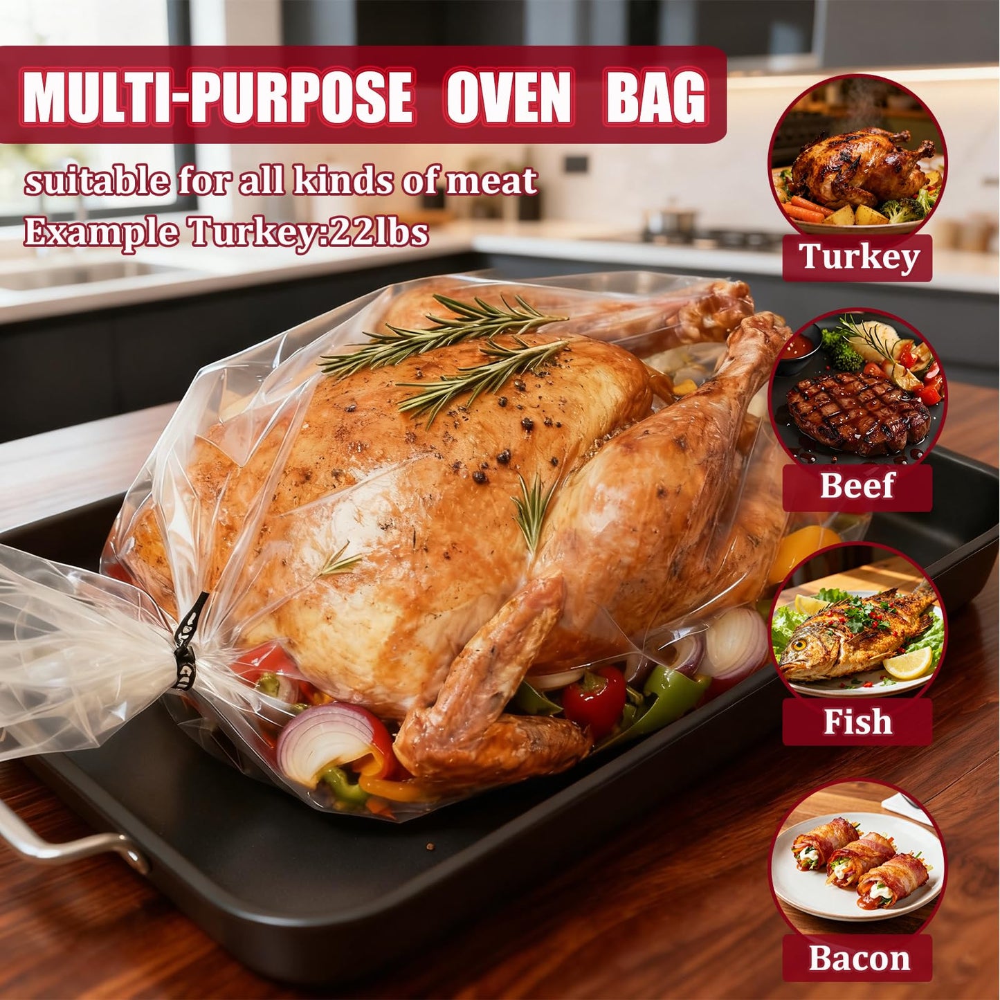 Turkey Oven Bags,Large Size 17’’ x 22’’, Oven Bags for Roasting, Turkey Bags Roasting Chicken, Meat & Fish Multi Purpose Cooking Bags, 12 Counts