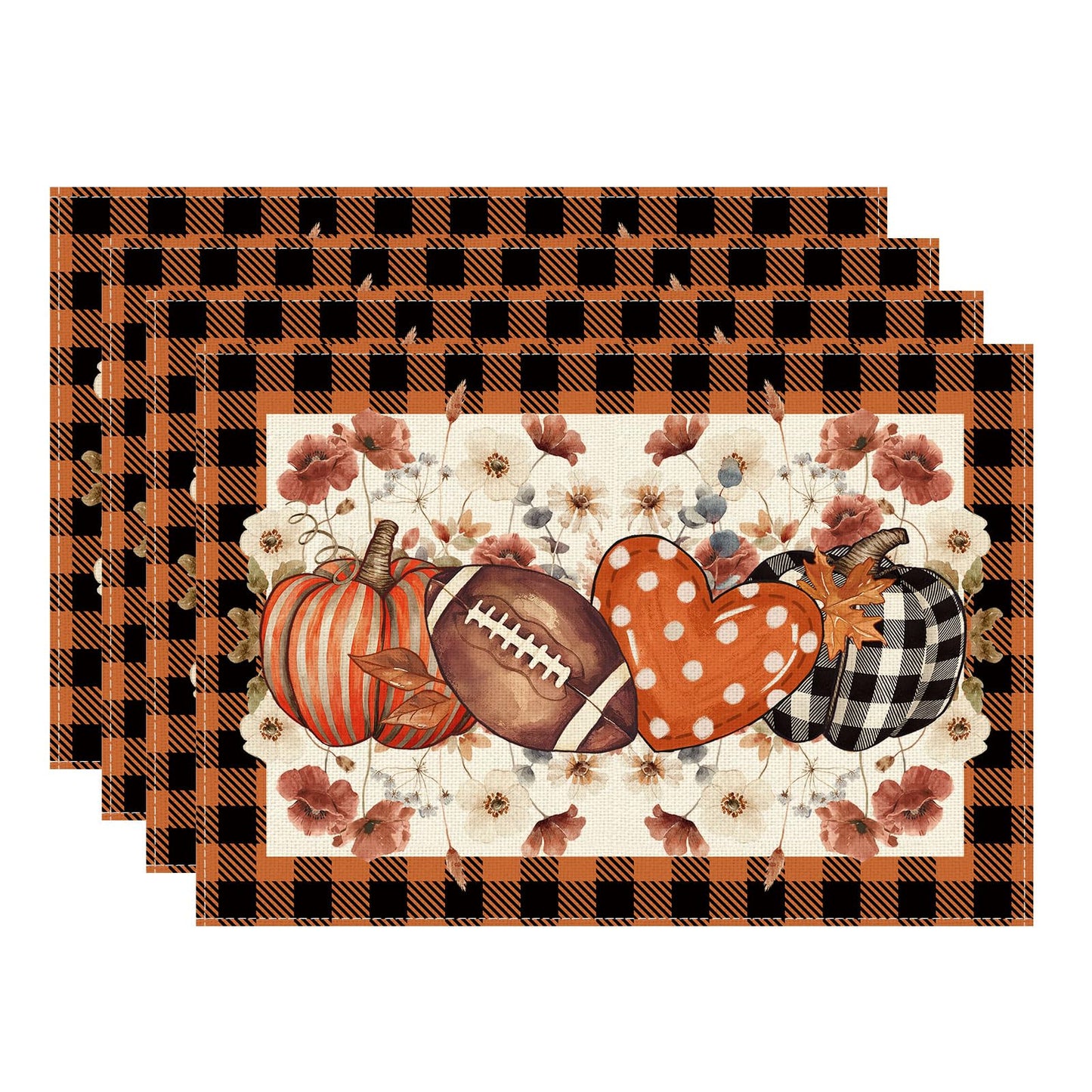 XCHI Fall Football Pumpkin Love Heart Flowers Plaid Placemats Set of 6 Table Mats for Party Home Kitchen Dining Table Decorations 12x18 Inch