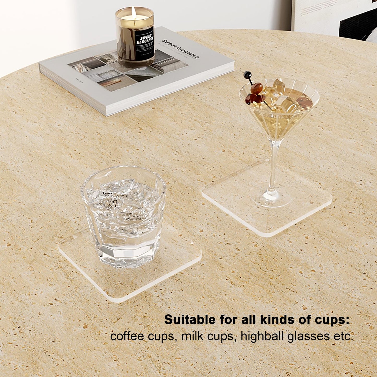 Sweet Elegance Acrylic Coaster, Rectangular Bar Drink Coaster, Clear Square Shaped Coffee Cup Coaster, for Tabletop Protection and Accessories Display Durable Decorations for Home Festival (Clear)