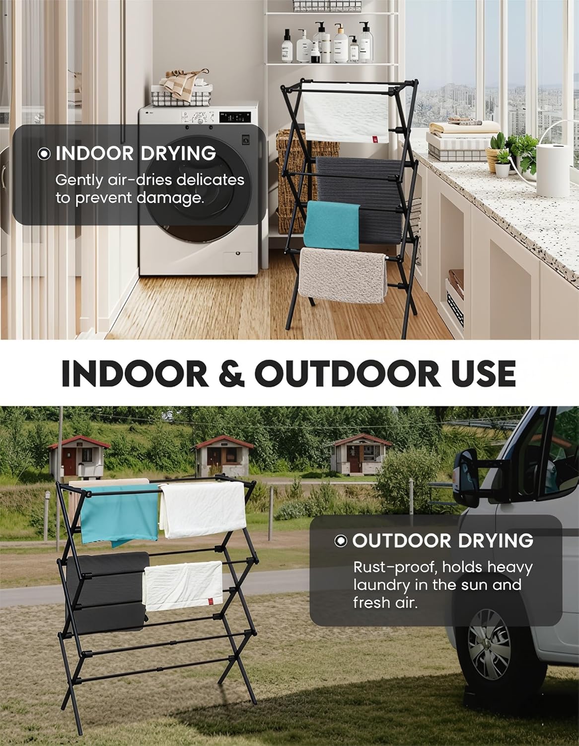Regine Folding Clothes Drying Rack - 3-Tier Collapsible Laundry Dryer for Indoor & Outdoor Use | Black
