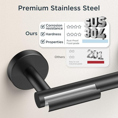 FORIOUS Bathroom Accessories Set - 4 Piece SUS304 Stainless Steel Hardware | Matte Black Toilet Paper Holder, Towel Ring & Hooks