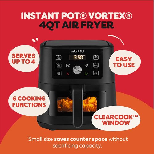 Instant Pot Vortex 4Qt Mini Air Fryer - 6-in-1 Versatile Cooking Options | Black Finish