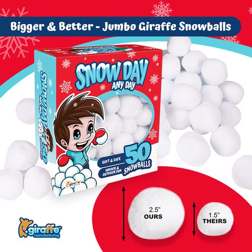 Giraffe 50 Pack Jumbo Fun Fake Snowball for Kids 2.5 Inches - Artificial Snowballs Bulk for Indoor and Outdoor - Snow Ball for Decorations, Winter Toy Games Fights - Fun Christmas Party Activities