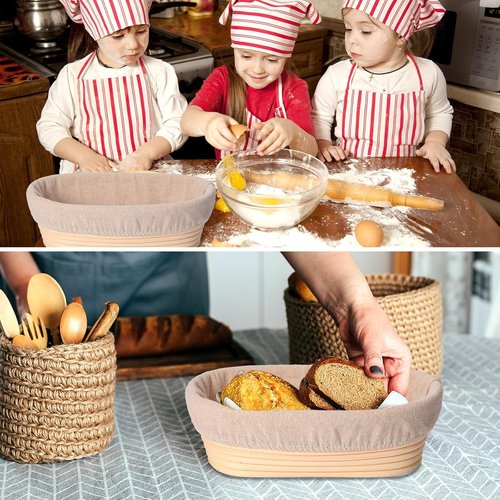 Gejoy 12-Piece Bread Proofing Basket Set - Oval Banneton Dough Bowls with Cloth Liner & Scraper | 10-Inch Sourdough Baking Supplies