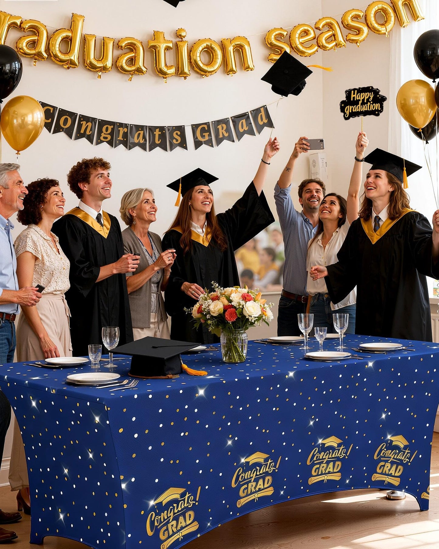 Pureegg Graduation Decorations 2026 Spandex Tablecloth 6ft - 2 Pack, Class of 2026 Blue Fitted Stretch Rectangle Table Cover, Wrinkle-Free Tight Tablecloth for Graduation Party, Banquet