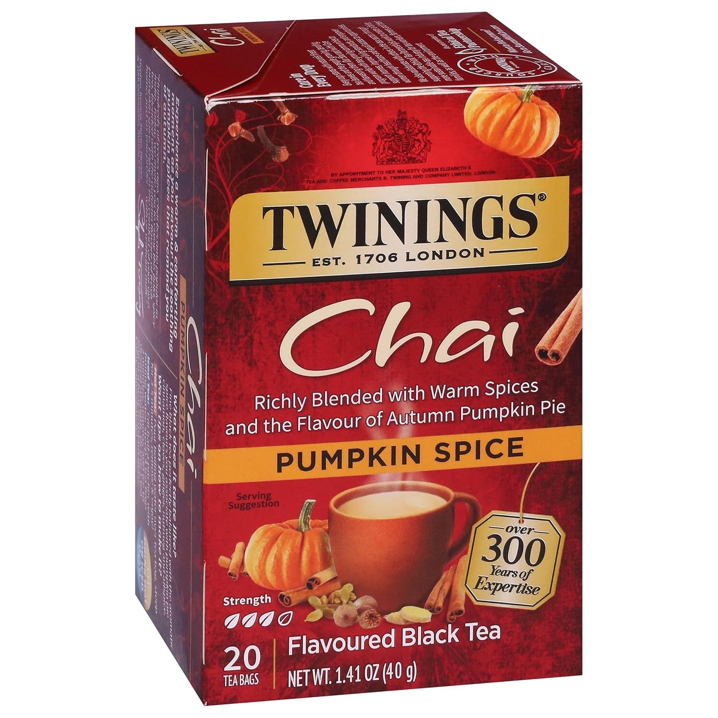 Twinings Pumpkin Spice Chai Black Tea - Warm & Spicy Flavor, 20 Individually Wrapped Bags, Pack of 6