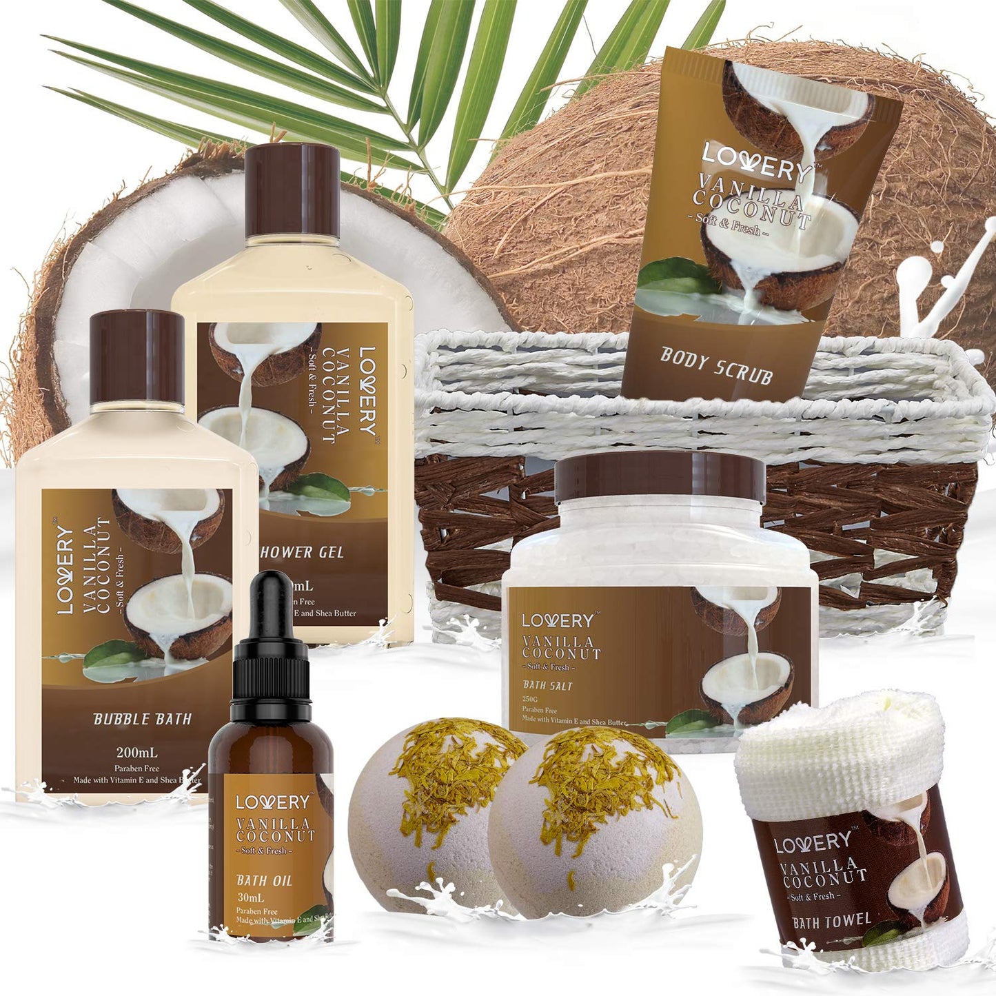 Gifts For Women Gift Basket for Women– Mothers Day Gifts for Mom, 9 Piece Set of Vanilla Coconut Home Spa Set, Luxurious Bath and Body Set, Includes Fragrant Lotions, Large Bath Bombs, Coconut Oil