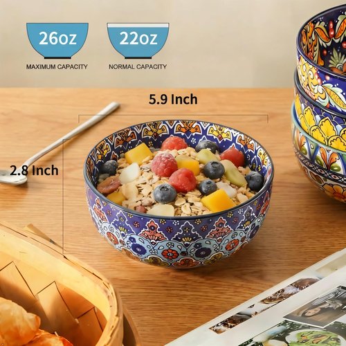 glowworm Cereal Bowls, 26 Oz Ceramic Soup Bowl Set of 6, Colorful Bowl for Kitchen Cooking, Ideal for Rice Oatmeal Fruit Ice Cream Dessert, Dishwasher & Microwave Safe, Bohemian