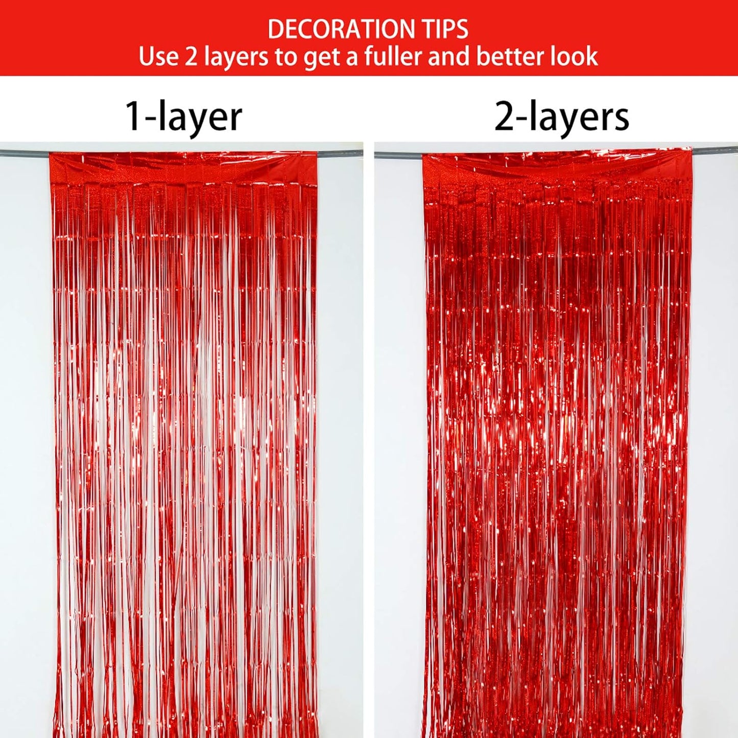 Red Foil Fringe Curtain | 3 Pack 3.2 x 8.2 Ft Shiny Tinsel Backdrop for Party Decor & Photo Booth