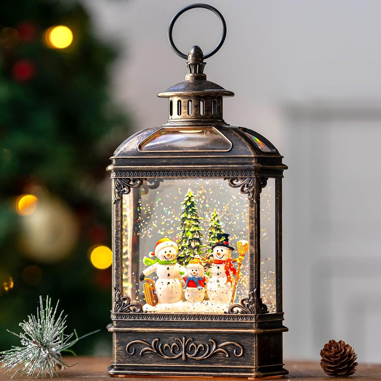 VISFLAIR Christmas Snow Globe | Lighted Snowman Family Lantern with Musical Glitter Swirl - Holiday Decor