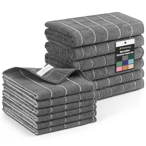 Homaxy Microfiber Kitchen Towels and Dishcloths Set, 12 Pack Soft and Absorbent Dish Hand Towels Bulk, 28 x 16 Inch & 12 x 12 Inch Quick Drying Rags for Washing Dishes, Grey