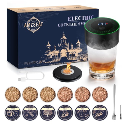 AMZSEAT Electric Whiskey Smoker Kit-Rechargeable Cocktail Smoker Set with 6 Wood Chips-Unique Bourbon Ideal Christmas, Birthday, Valentine's Day Gift,Gifts for Men, Dad, Husband