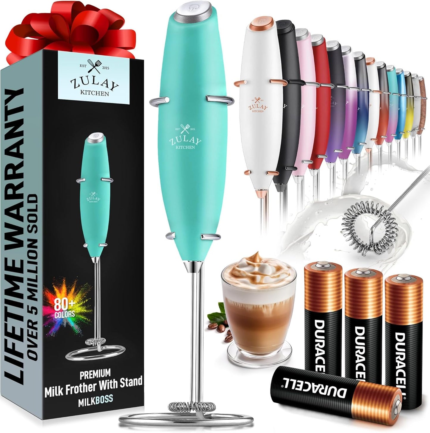 Zulay Kitchen Milk Frother Wand - Ultra-Fast Handheld Electric Whisk for Coffee & Lattes - Aqua
