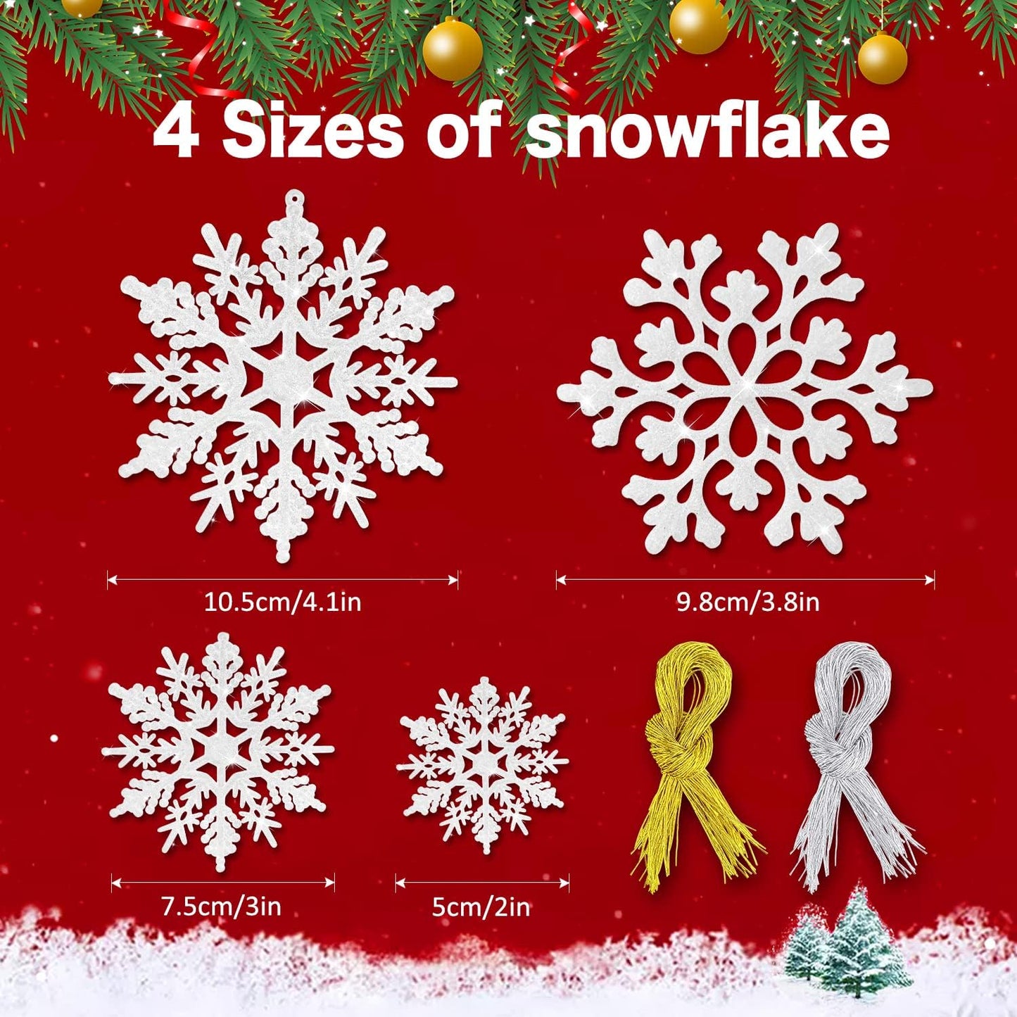 Skiennix 46Pcs Plastic Snowflake Ornaments - Glittery Hanging Decorations for Christmas Trees | White