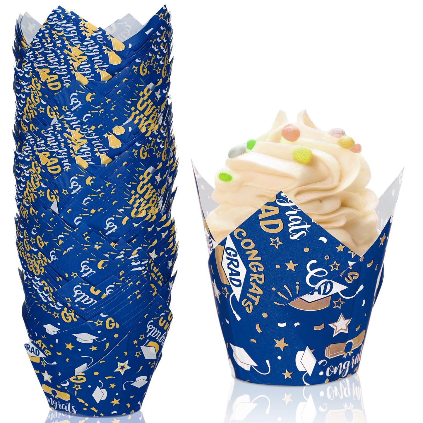 Nuenen 200 Pcs Graduation Tulip Cupcake Liners Bulk 2026 Congrats Grad Paper Baking Cup Greaseproof Muffin Liners Holders Graduation Cap Cake Paper Cup Tulip Cupcake Wrappers for Party(Blue, Gold)