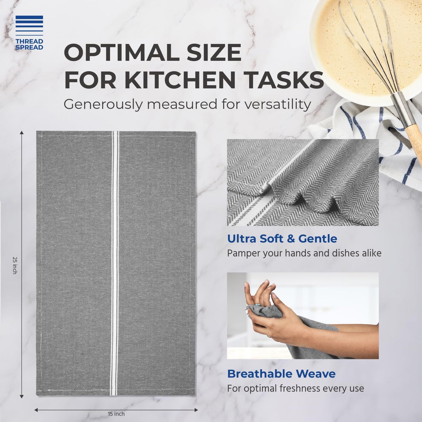THREAD SPREAD Kitchen Towels Set - 100% Cotton Dish Towels for Kitchen - Pack of 12 Super Absorbent Hand Towel - Grey Tea Towel - Quick Dry & Soft Durable Dish Cloths - 15”x25”, Grey Chambray