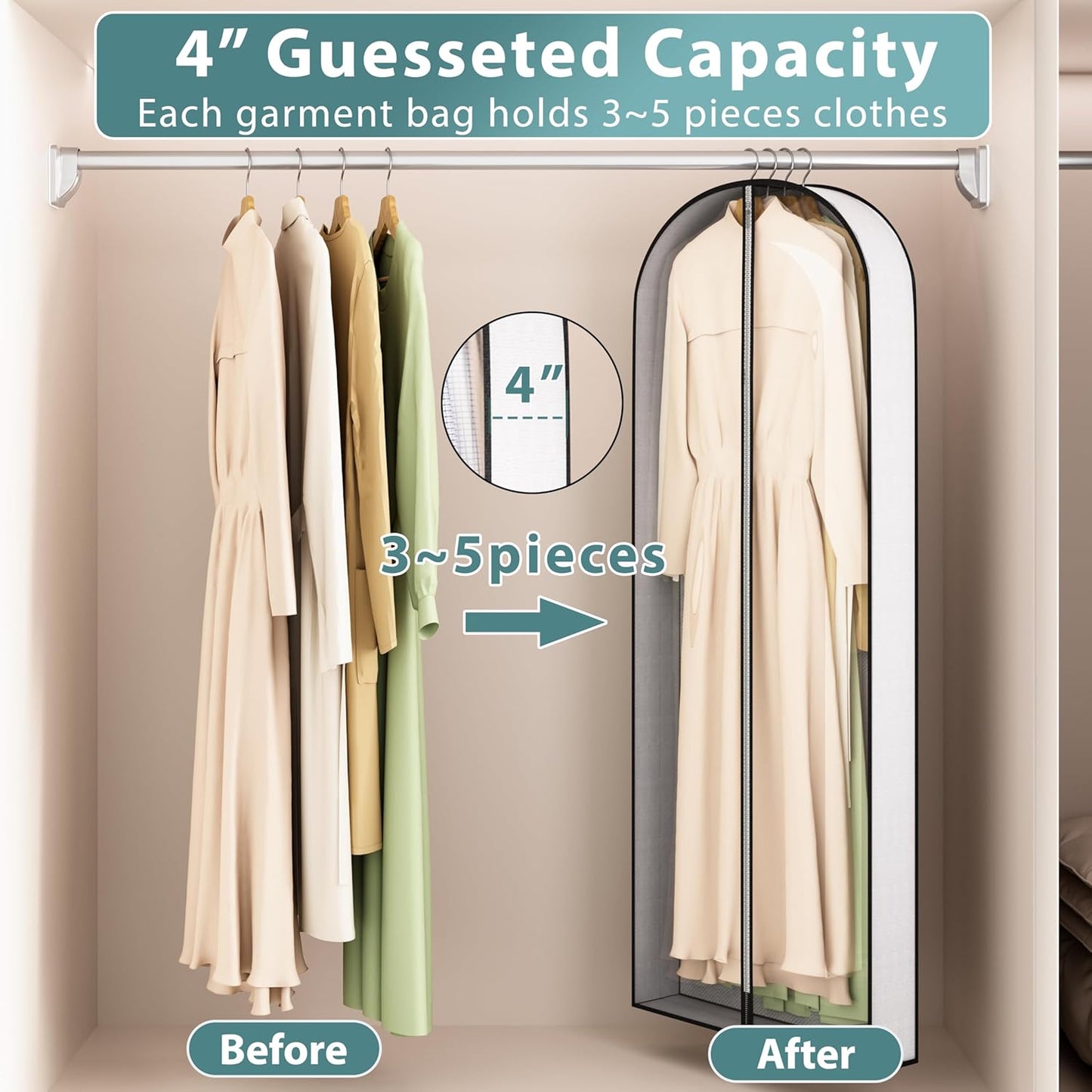 Liuoud 60” Garment Bags - Breathable Fabric with Clear Window & Metal Zipper | 5 Pack for Dresses & Suits