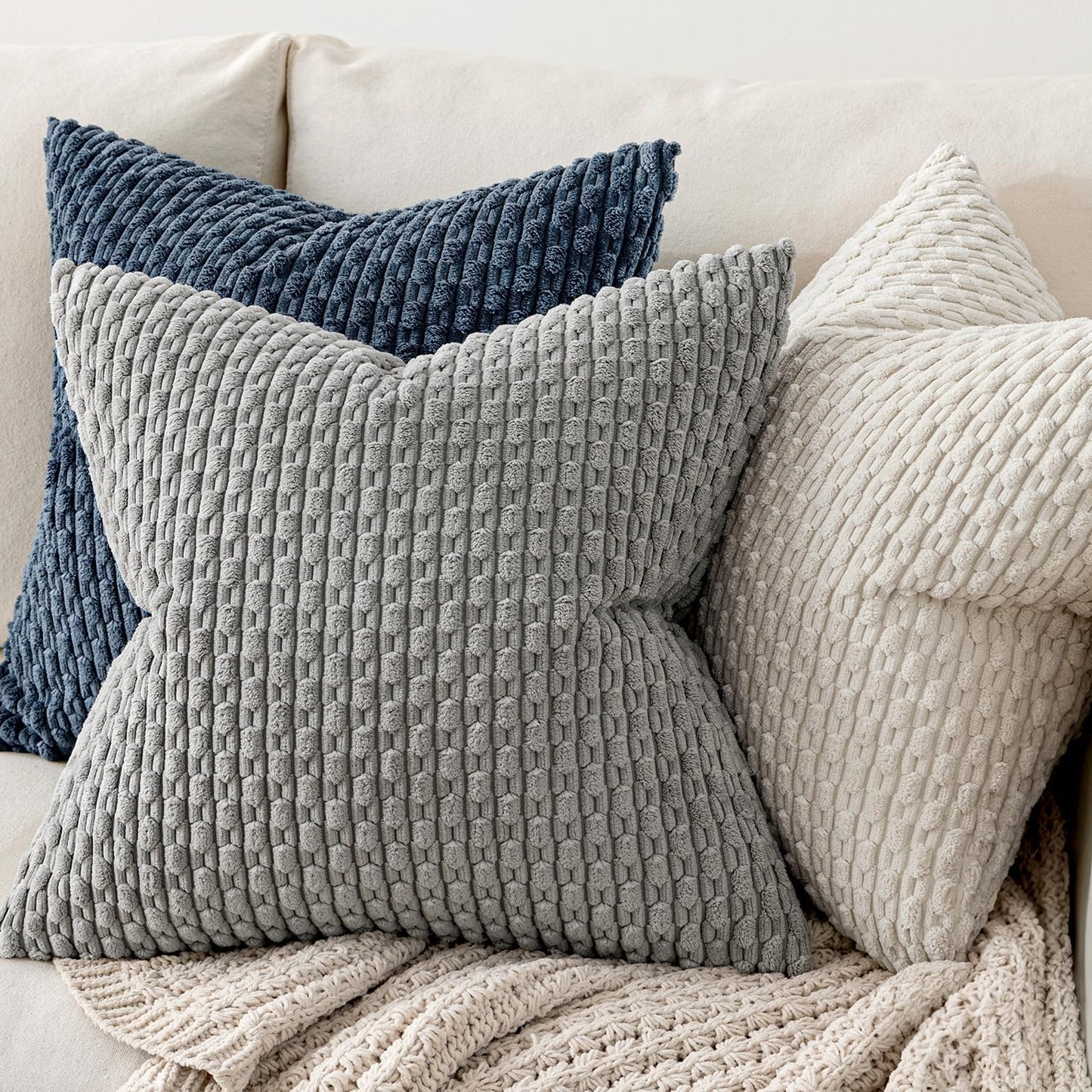 MIULEE Decorative Throw Pillow Covers - Soft Boho Striped Corduroy | 18x18 Inch Cream White Set of 2