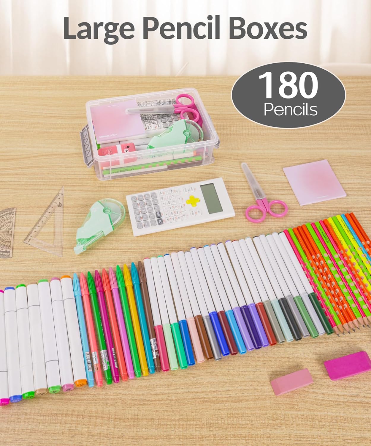 Sooez Extra Large Pencil Box Set - Clear Plastic Organizer with Lid | Stackable Storage for Art Supplies