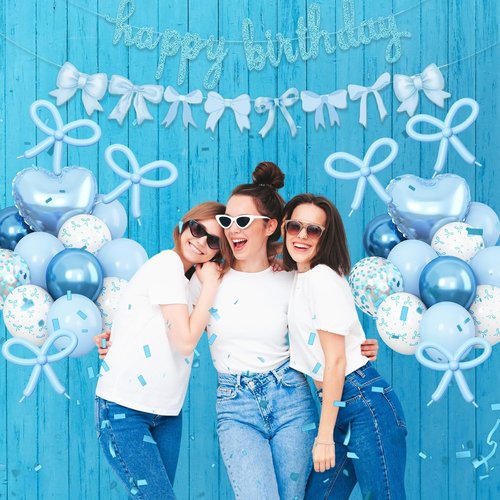 Blue Bow Birthday Decorations - Coquette Party Set with Happy Birthday Banner & Heart Foil Balloons