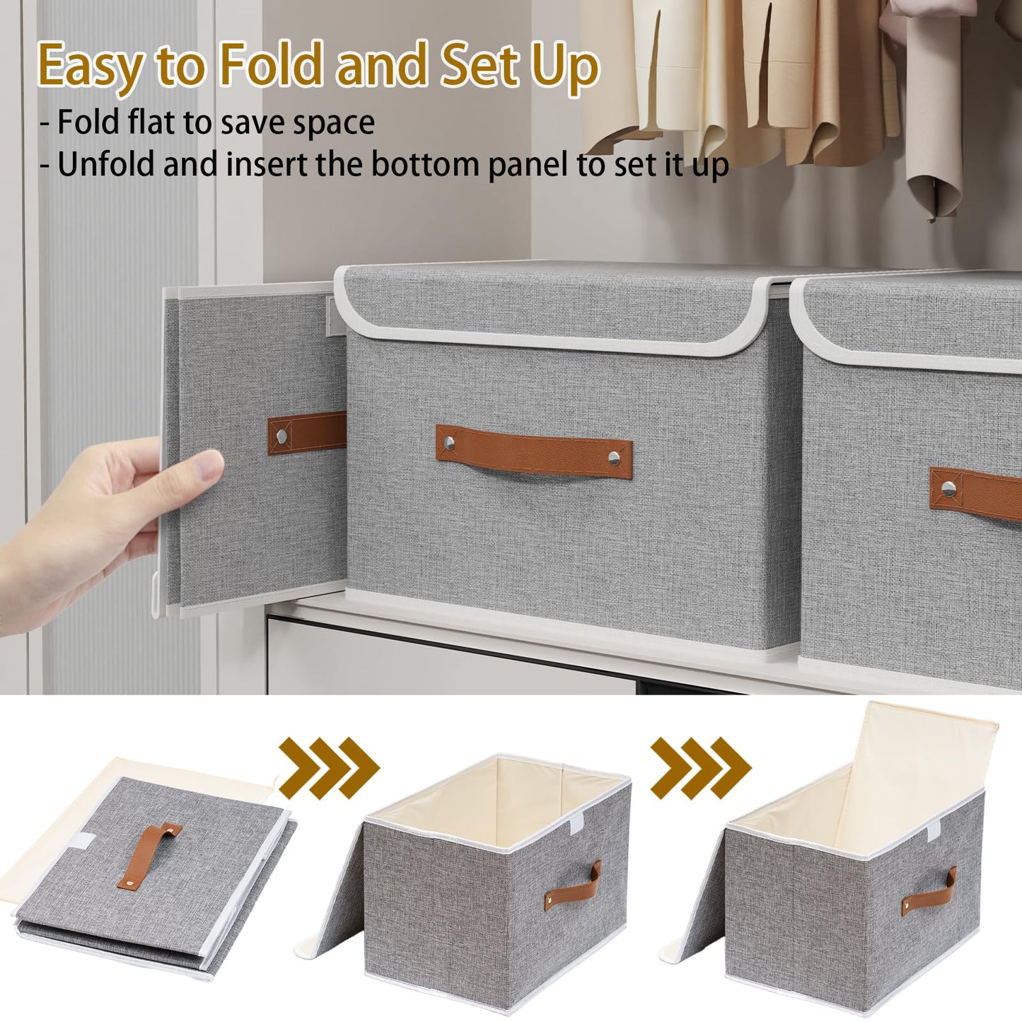 Yawinhe Collapsible Storage Bin, Cube Organizer Basket, Fabric Box with Lids, Washable and Leather Handle, for Home, Closet, Grey, 15.0''Lx9.8''Wx9.8''H, 5-Pack, USNK024GL-5