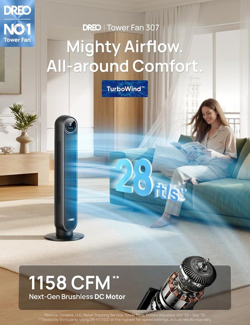 DREO Bladeless Tower Fan - Ultra Quiet 20dB, 8 Speeds, 90° Oscillation, Remote Control - Black