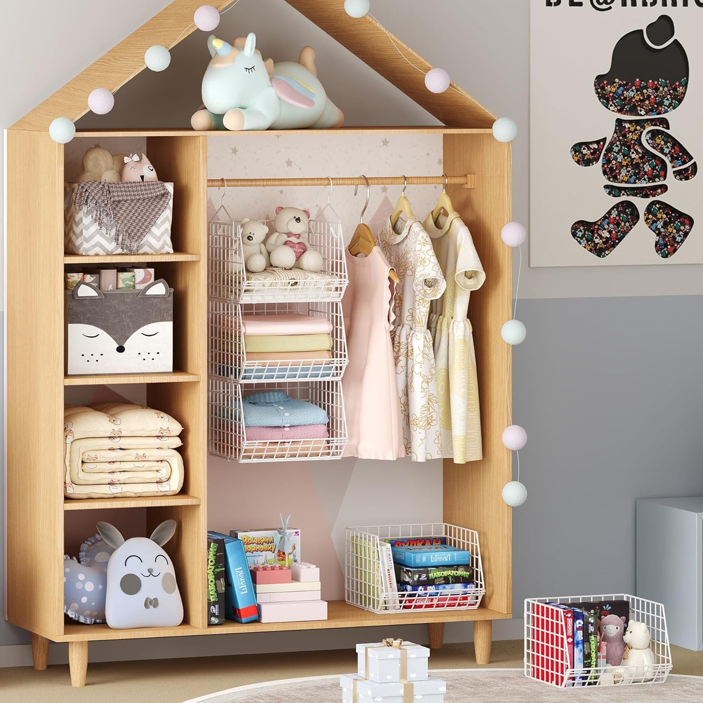 X-cosrack 4-Tier Closet Organizer - Foldable Shelving with Hooks & Storage Baskets | Patent White