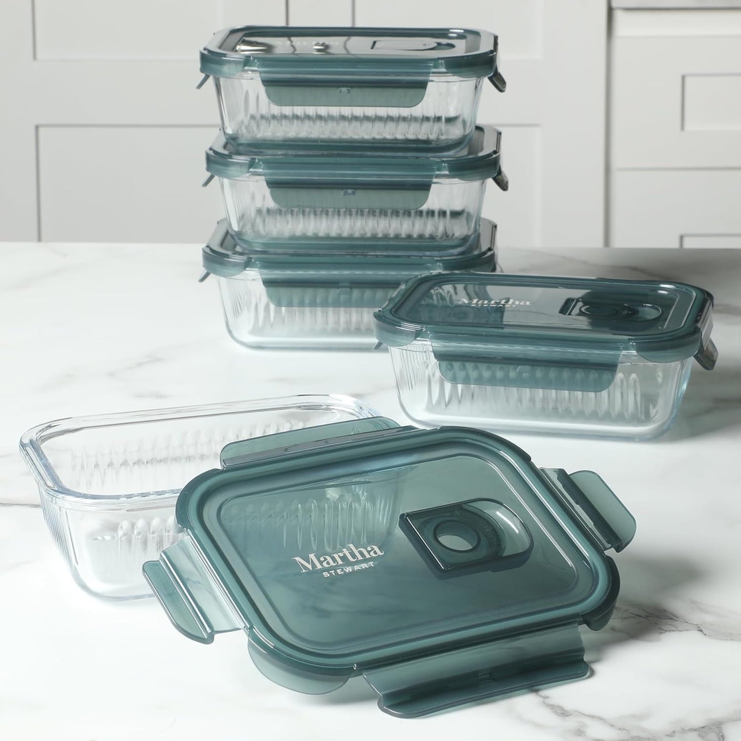 Martha Stewart Shadowbrook 5-Piece Borosilicate Glass Storage Container Set - Airtight Lids, 21.6 oz, Microwave & Dishwasher Safe