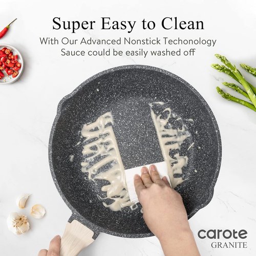 CAROTE Nonstick Deep Frying Pan - Jumbo 10/12/12.5 Inch Skillet with Lid & Pour Spout | PFOA Free Classic Granite