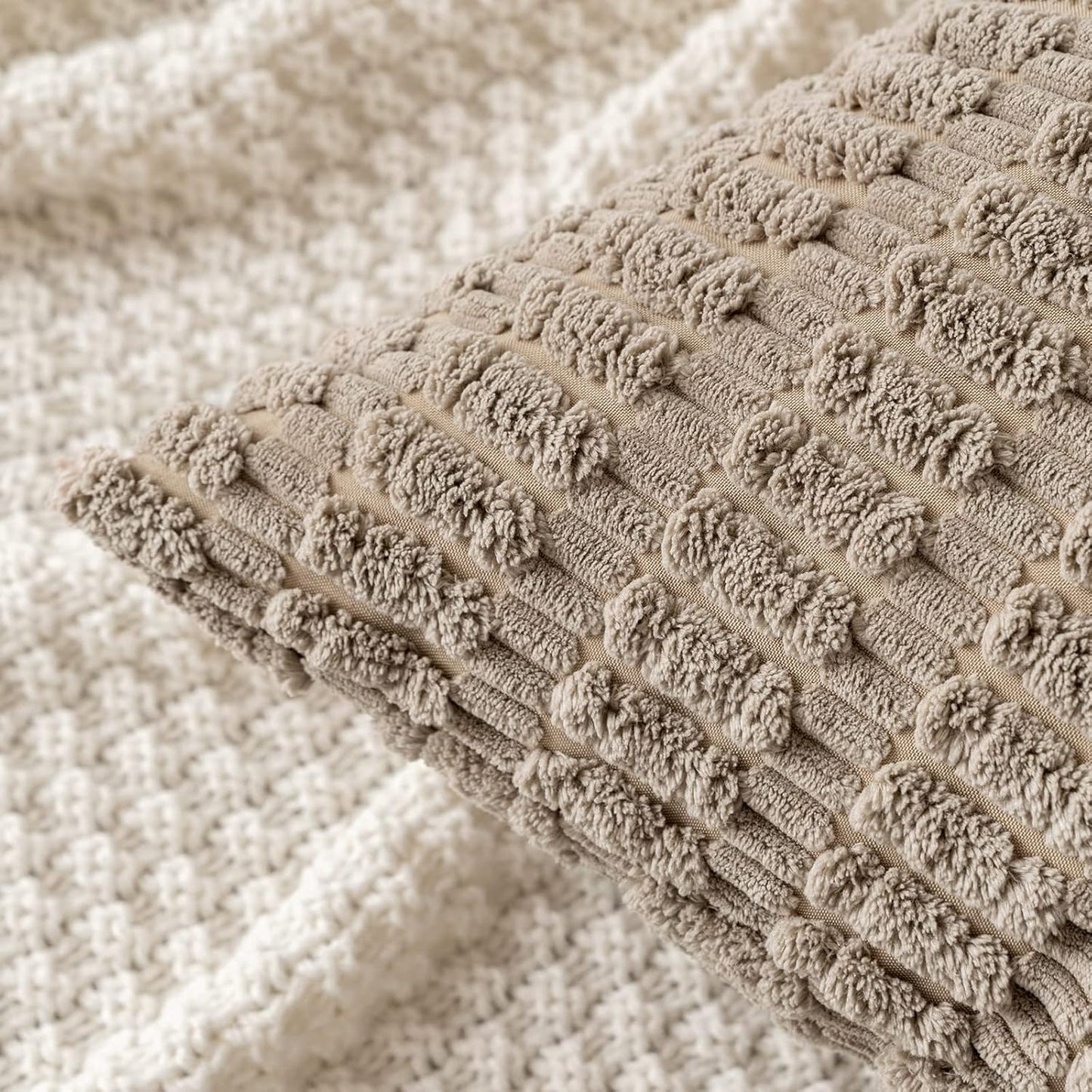 MIULEE Corduroy Throw Pillow Covers - Soft Boho Striped Design | 12x12 Inch Light Brown for Modern Home Decor
