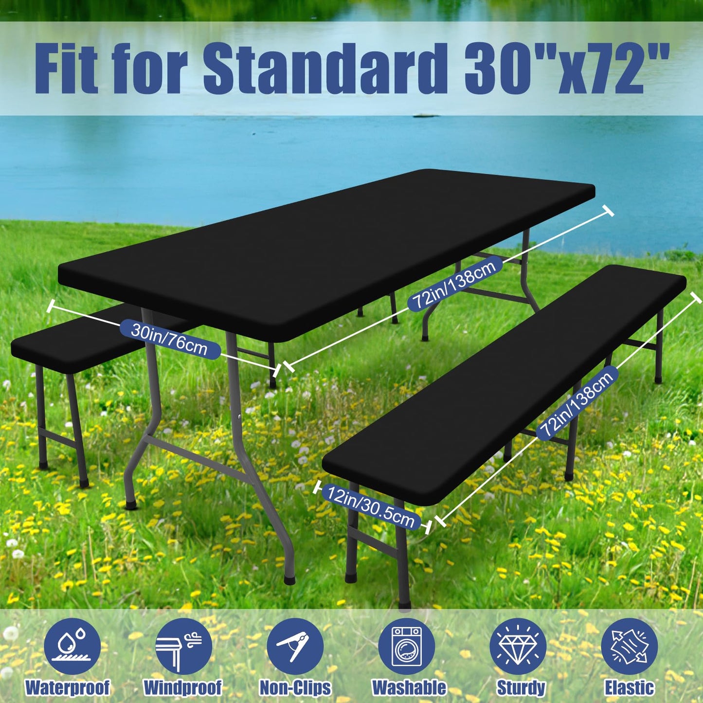 Moosfor Picnic Table Cover with Bench Covers, Elastic Fitted Spandex Tablecloths for 6 Foot Rectangle Tables, Stretch Washable Patio Tablecloth for Outdoor, Camping (Black, 30"x70")