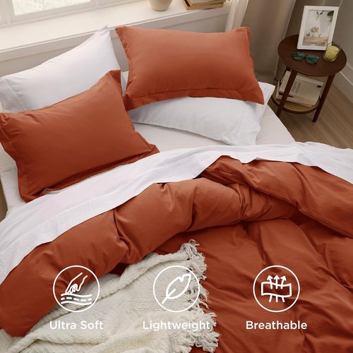 Bedsure Terracotta Duvet Cover Set - King Size 3-Piece Extra Soft Prewashed Cotton Bedding | 104x90 Inches with Zipper Closure