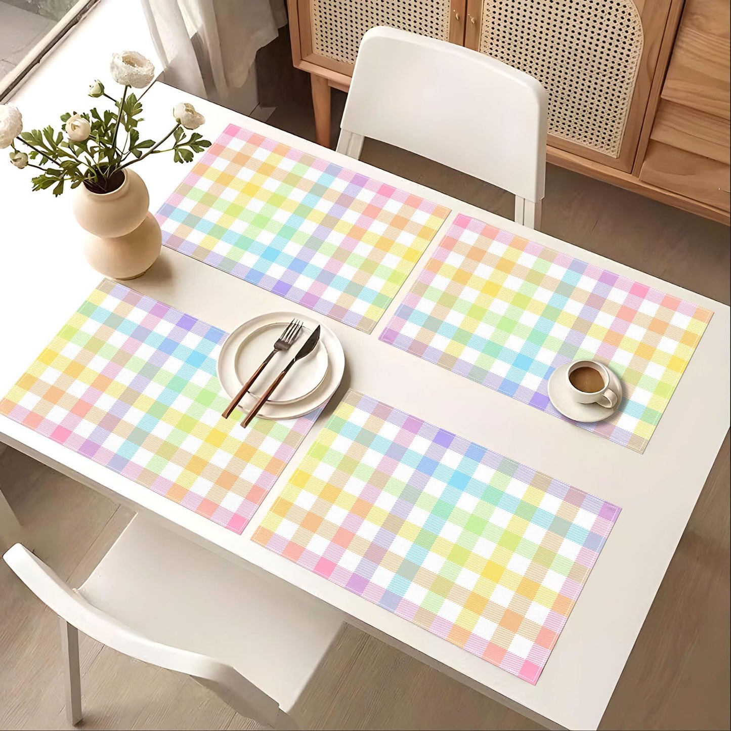 Pudodo Easter Buffalo Plaid Check Placemats Set of 4 Spring Holiday Party Decorations for Home Kitchen Table Supply (12" x 18")