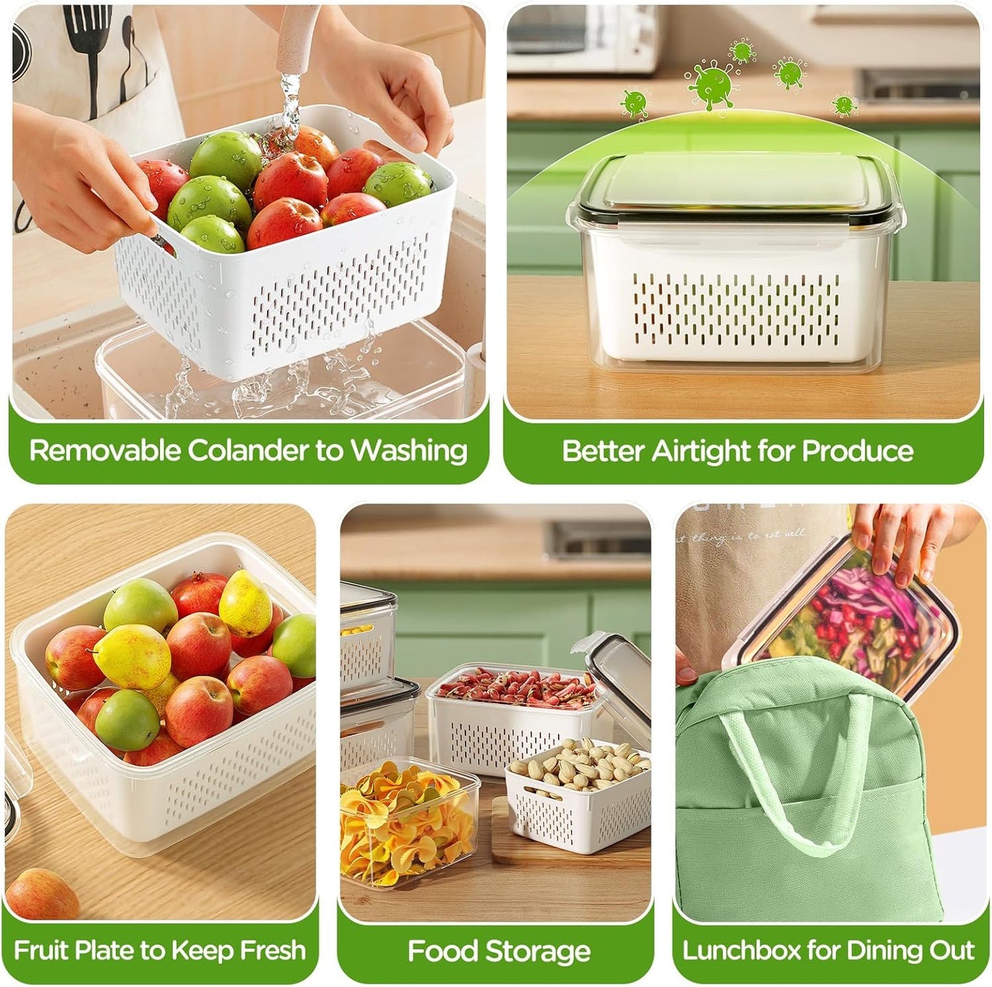 Skiennix 4 PCS Fruit Storage Containers - All-In-One Produce Wash Bowl with Strainer | Microwave & Dishwasher Safe