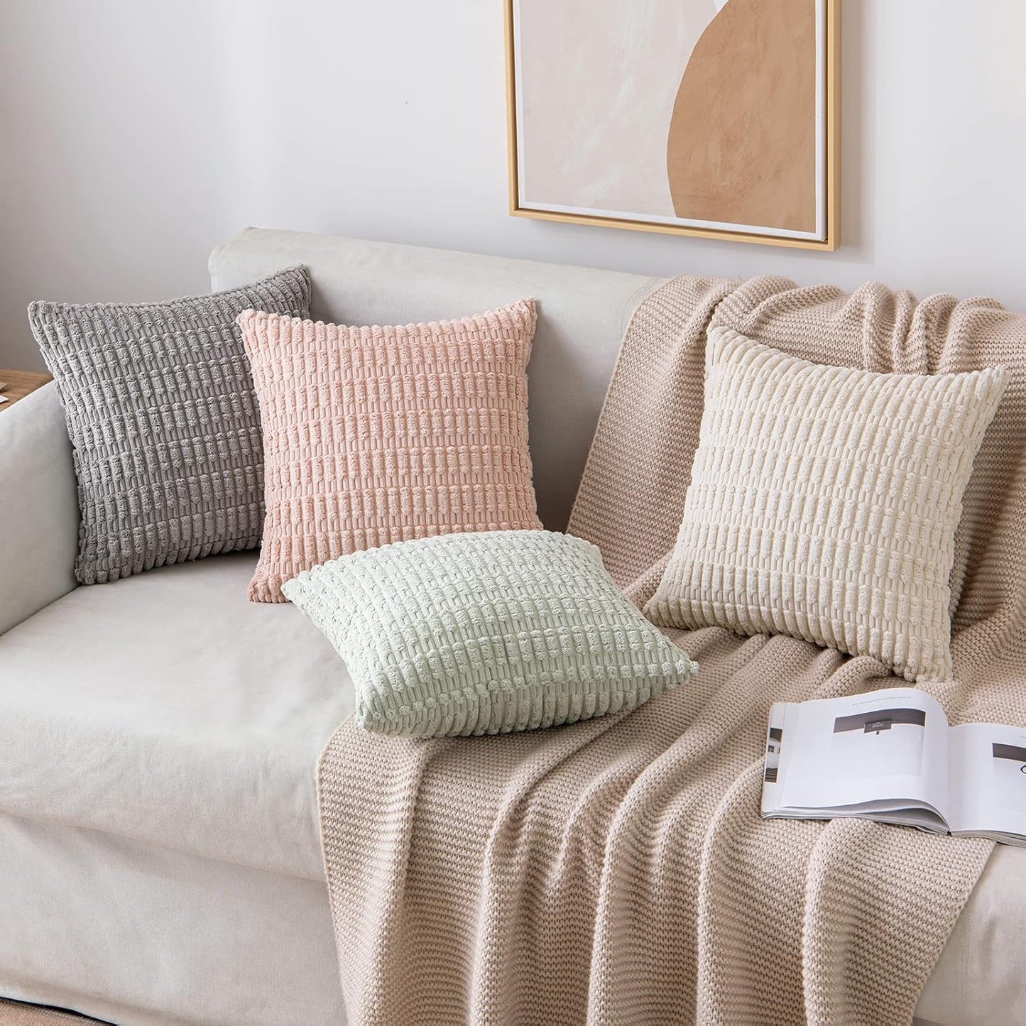 MIULEE Corduroy Throw Pillow Covers - Soft Boho Striped Design | 16x16 Inch Light Grey Decor