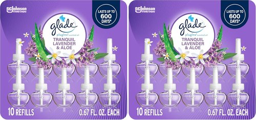 Glade PlugIns Refills Air Freshener - Tranquil Lavender & Aloe | Scented Essential Oils, 0.67 Fl Oz, 10 Count (Pack of 2)