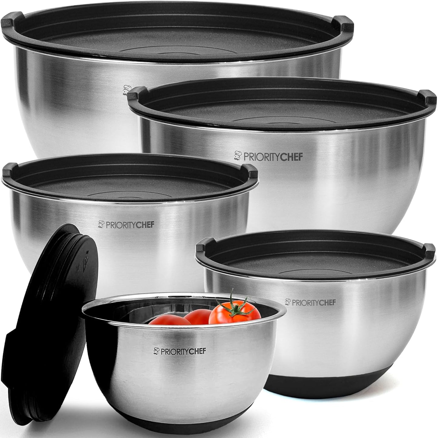 Priority Chef Premium Mixing Bowls Set - Airtight Lids & Non-Slip Base | 5 Nesting Stainless Steel Bowls (1.5-5 Qt) - Black