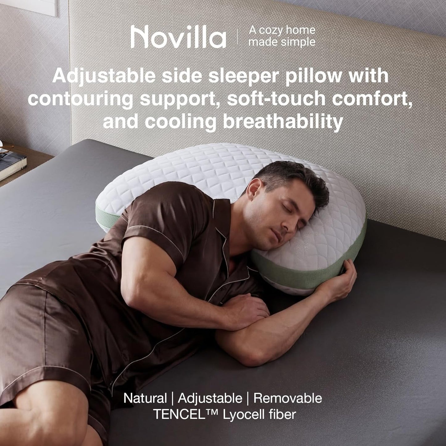 Novilla Tencel Side Sleeper Pillow - Curved Design with Adjustable Memory Foam & Silk-Like Cover | Queen Size