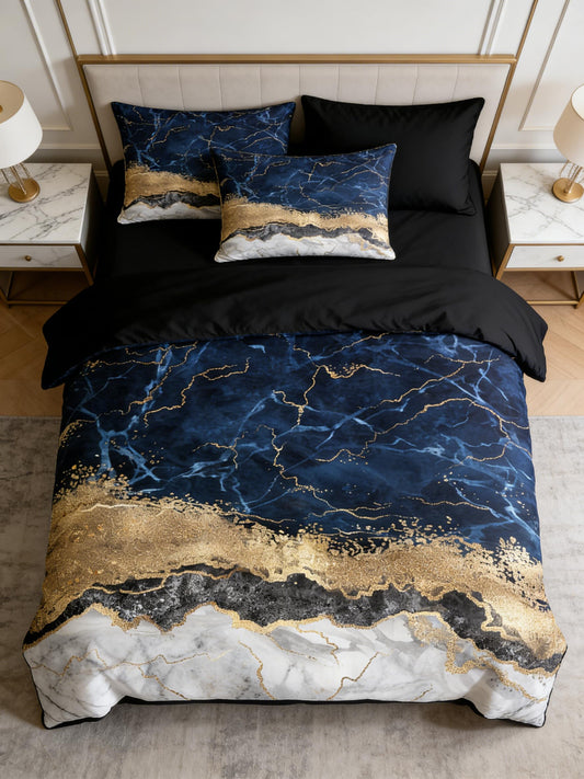 CCoutueChen Marble Bedding King Size Navy Blue Comforter Set for American Vintage Style Bedroom Decor, 3Pcs Blue and Gold Lightweight Microfiber Comforter for All Season, 104"x90"