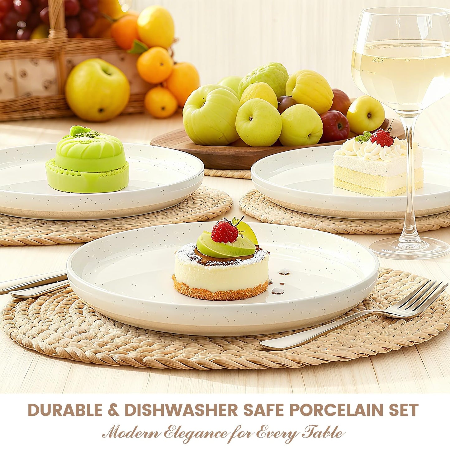 Plates and Bowls Sets, Scratch Resistant Dinnerware Sets for 8, 24 Pieces Porcelain Ceramic Dishware Dishes Set, Modern Stoneware Kitchen Dinner Set, Microwave and Dishwasher Safe, Cream White