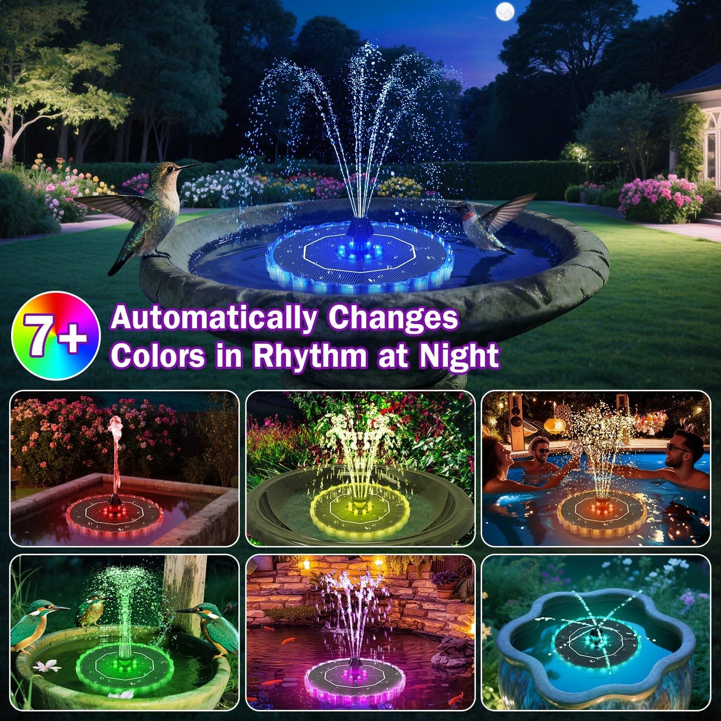 SZMP Solar Fountain - 3.5W Bird Bath Water Feature with 2000mAh Battery & 3D Color Changing LED Light | 8 Nozzles Included