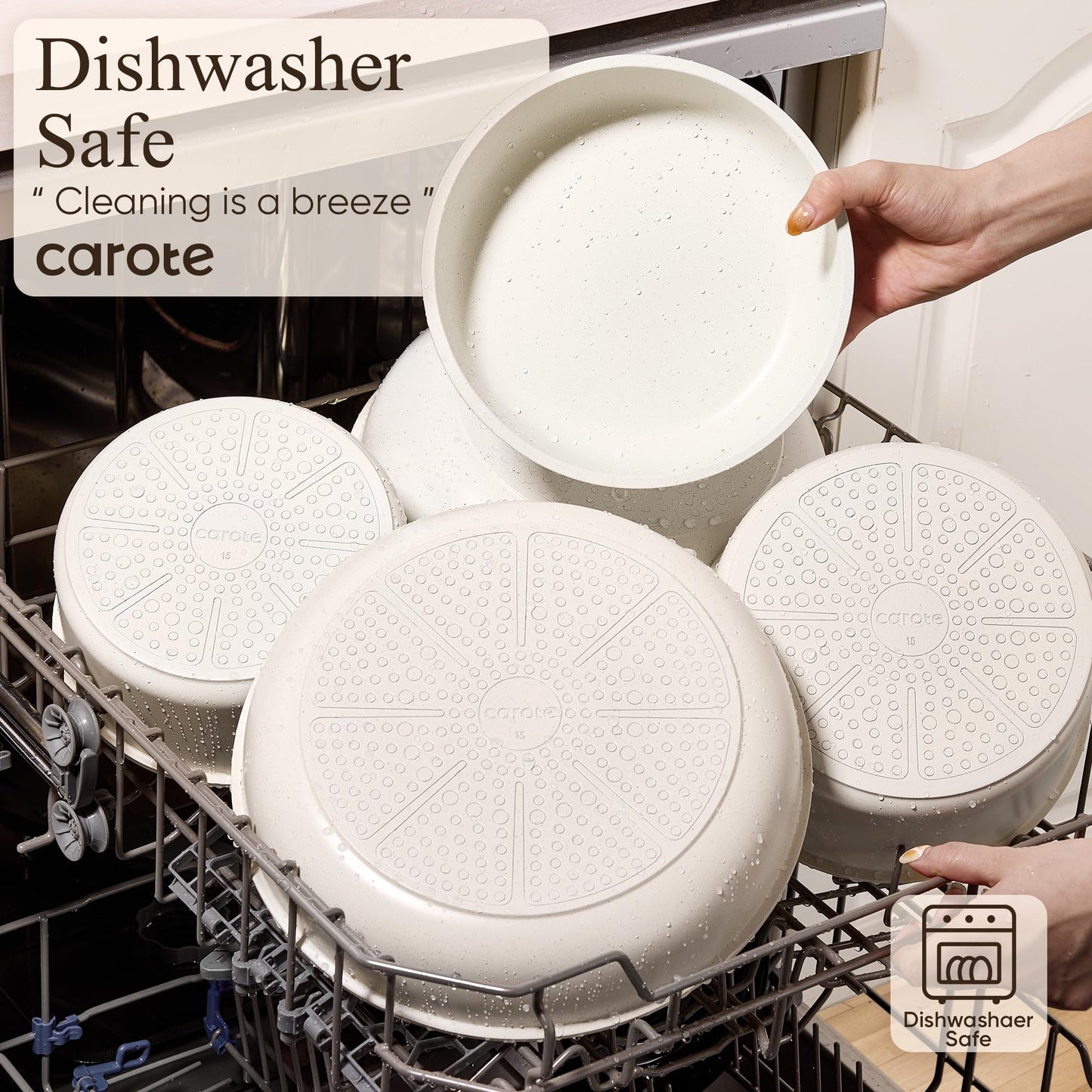 CAROTE Pots and Pans Set Non Stick, Cookware Sets, Kitchen Set, Oven/Dishwasher/Fridge Safe, Space Saving Pots Set, Nonstick Set with Versatile Detachable Handle, Induction RV Set, Cream