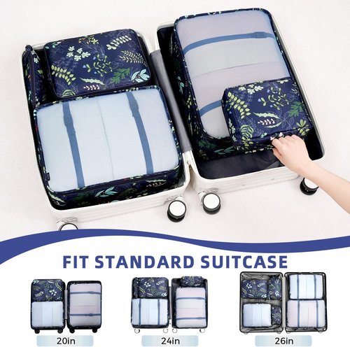 BAGAIL Packing Cubes Set - 8 Travel Organizers for Efficient Luggage Packing | Navy Leaf Design