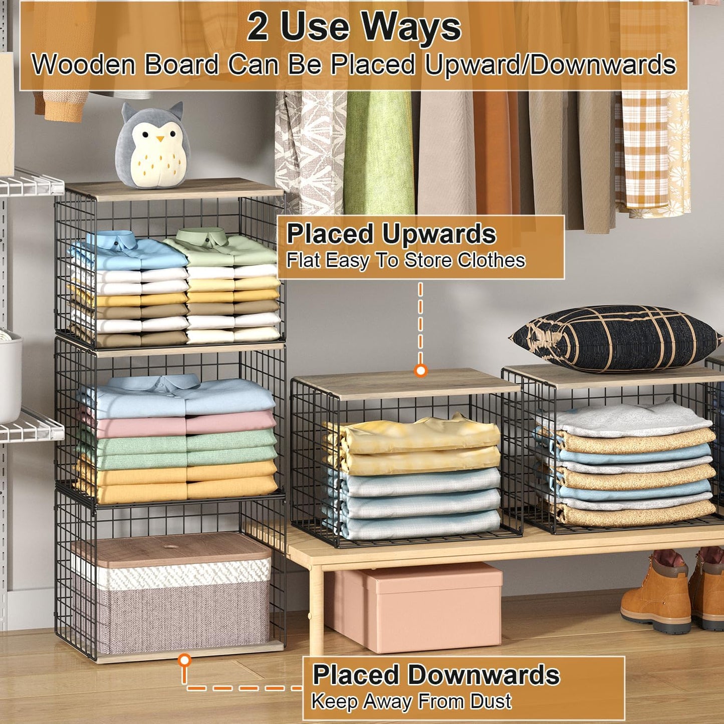 Skiennix Closet Organizer Set - Stackable Storage Shelves for Clothes & Sweaters | Space-Saving Design, Set of 3
