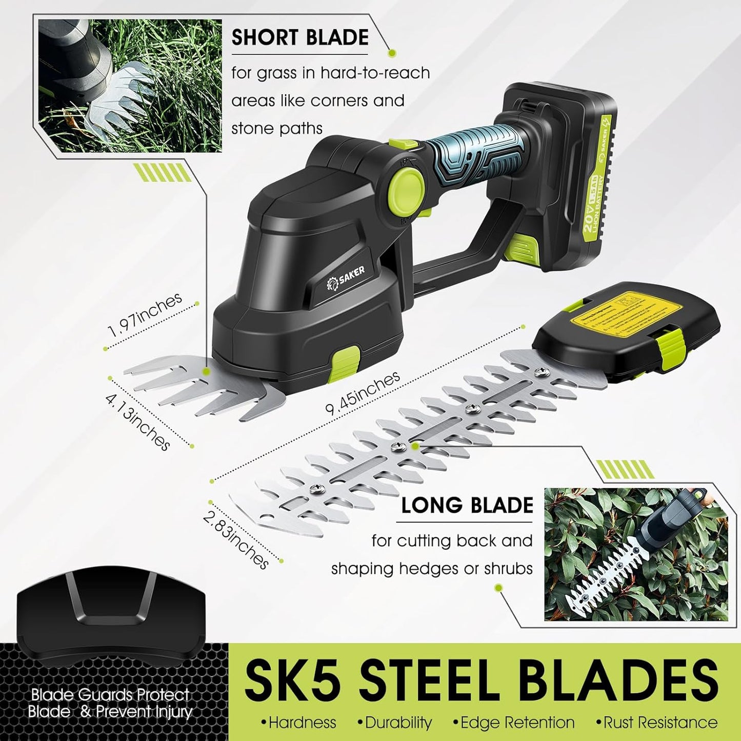 Saker Cordless Hedge Trimmer - 20V Electric Shrub Shears with 2 Rechargeable Batteries & Charger | Ideal for Garden & Lawn