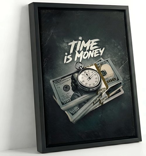 Framed Time Is Money Canvas Wall Art - Motivational Office Decor | Inspirational Quotes for Living Room