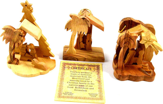 Handcrafted Bethlehem Olive Wood Christmas Nativity Ornaments Set of 3 - Holy Land Decor