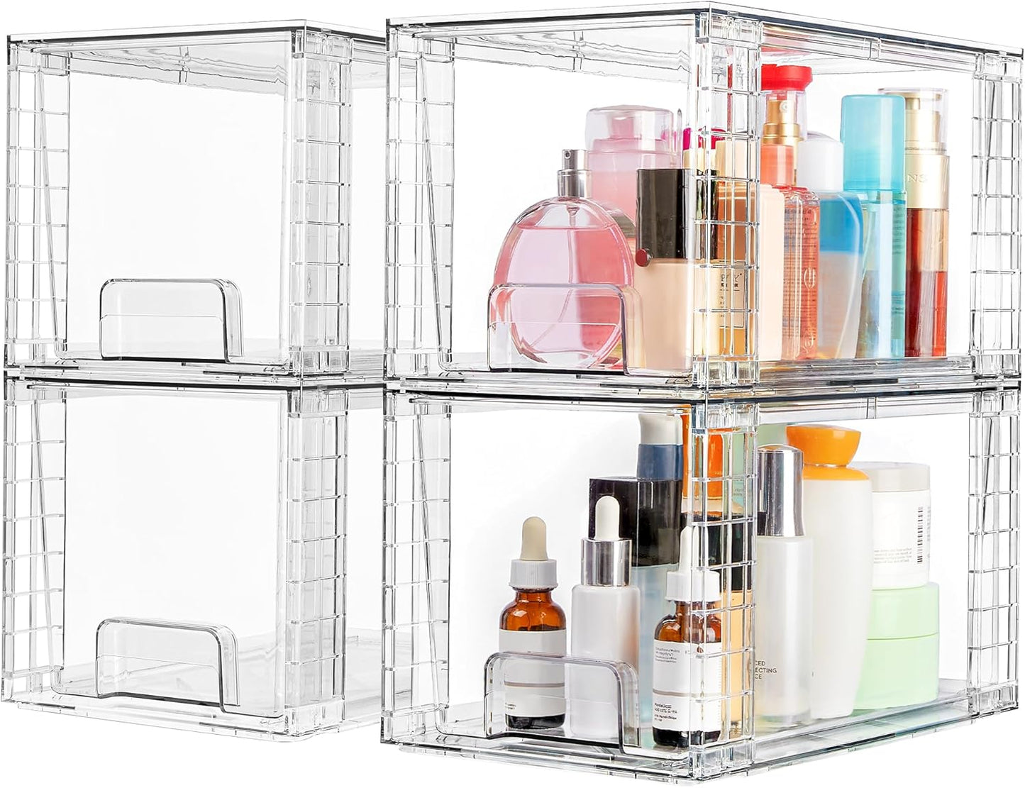 Vtopmart 4 Pack Large Stackable Storage Drawers - Easy Assembly Acrylic Organizers for Bathroom & Kitchen