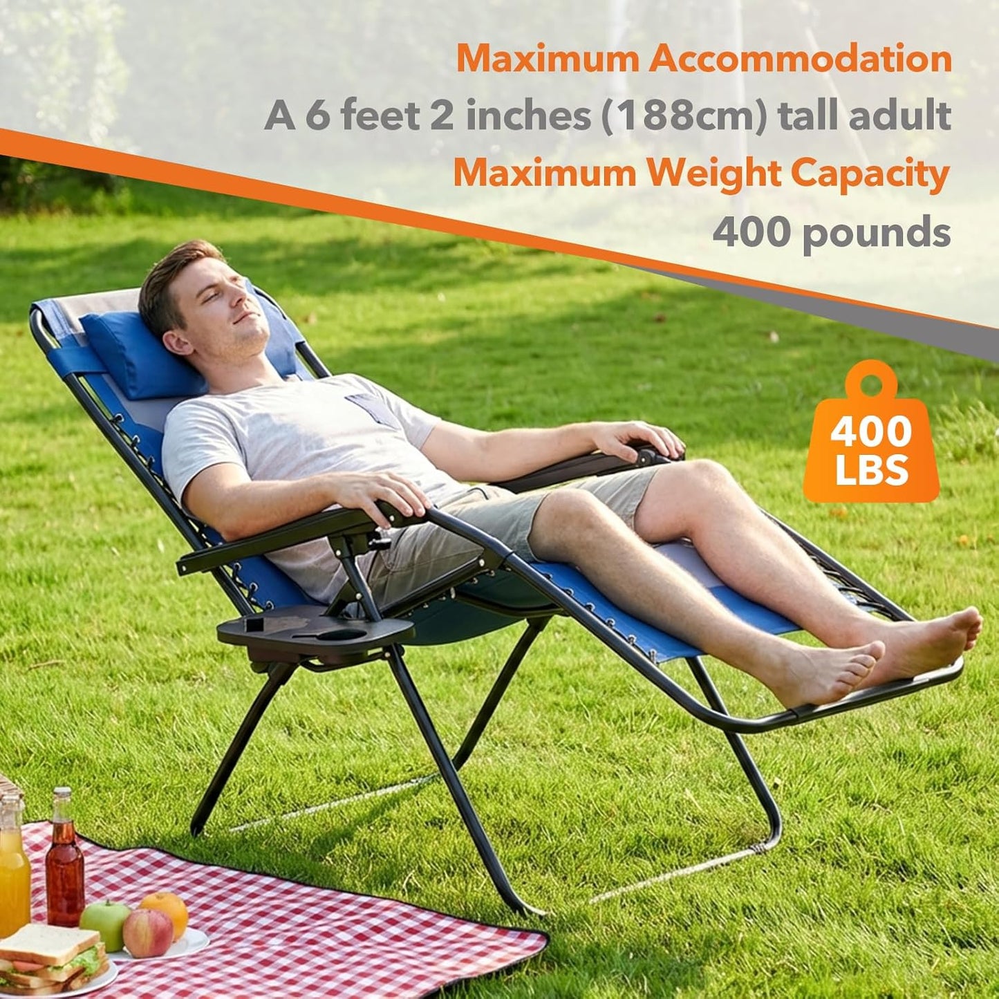 Sweetcrispy Zero Gravity Chairs - Oversized Foldable Patio Recliners with Adjustable Pillow & Cup Holder - Supports 400 lbs (Blue-Gray)